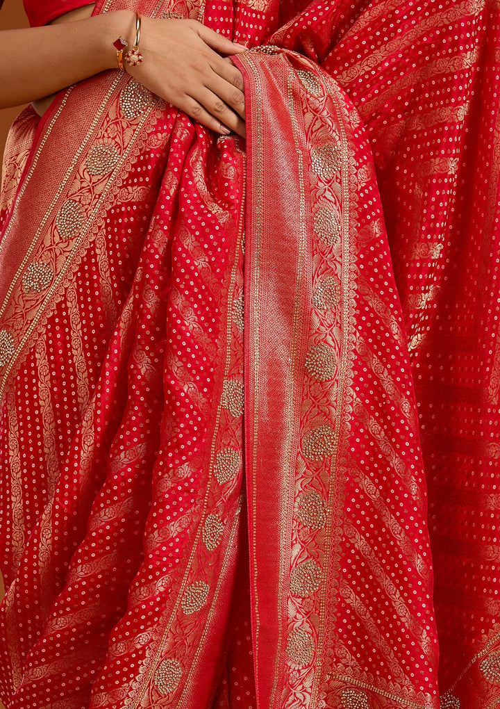 Red Stonework Silk Saree-Koskii