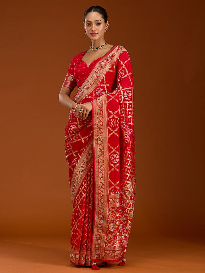Red Stonework Silk Saree-Koskii