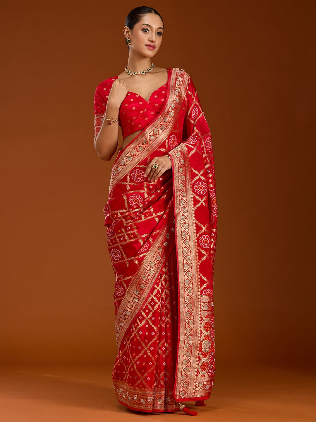 Red Stonework Silk Saree-Koskii