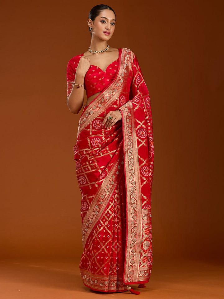 Red Stonework Silk Saree-Koskii