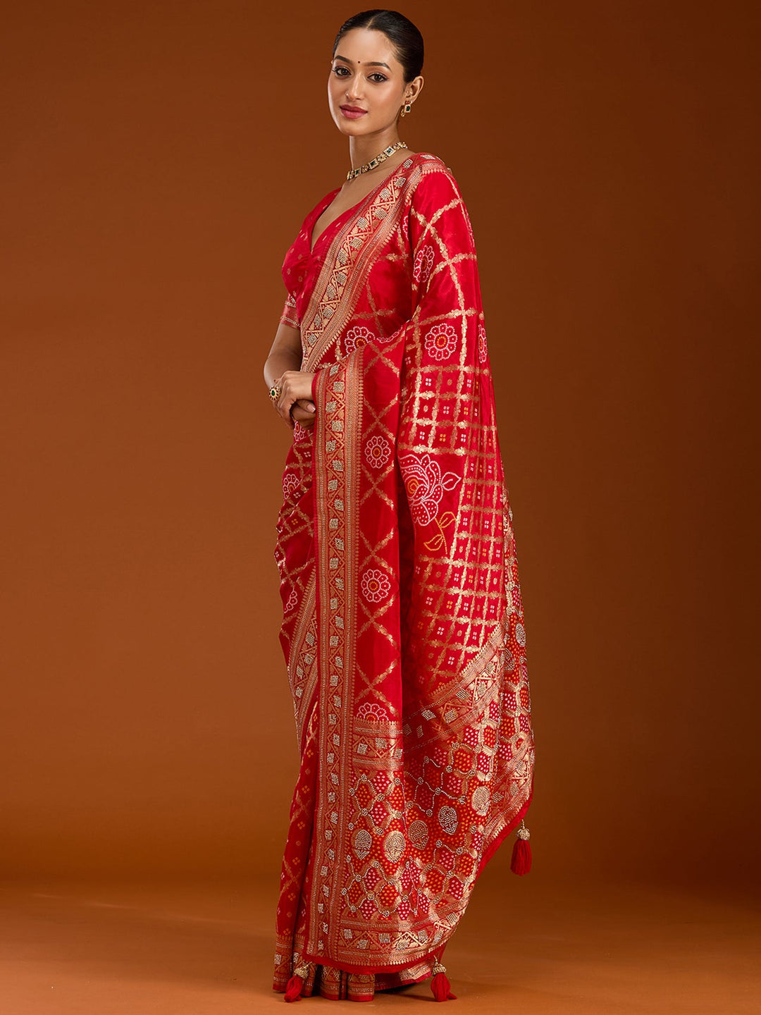 Red Stonework Silk Saree-Koskii