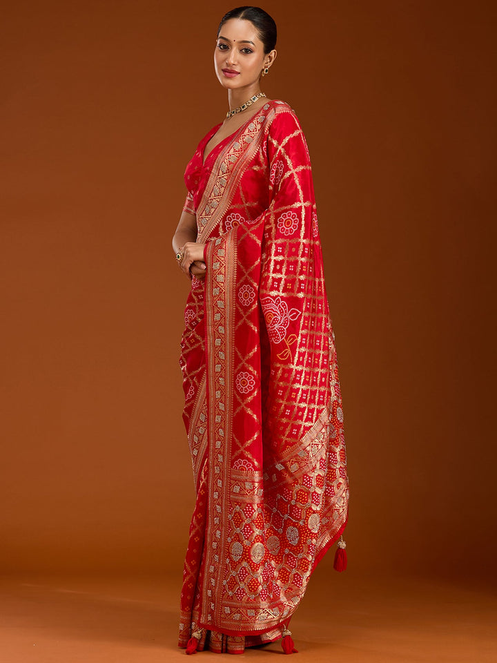 Red Stonework Silk Saree-Koskii