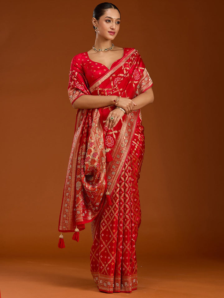 Red Stonework Silk Saree-Koskii