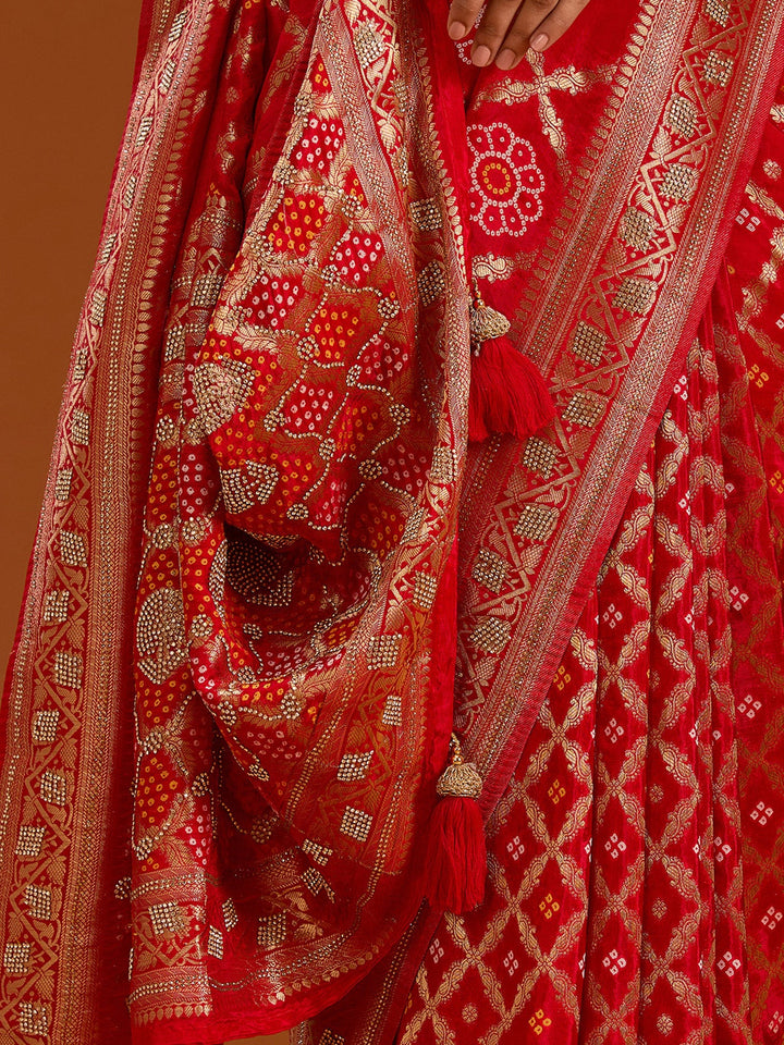 Red Stonework Silk Saree-Koskii