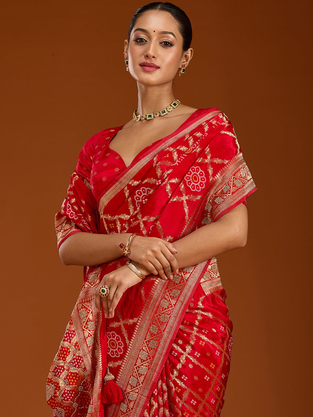 Red Stonework Silk Saree-Koskii
