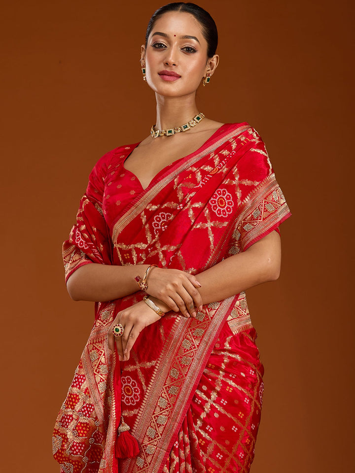 Red Stonework Silk Saree-Koskii