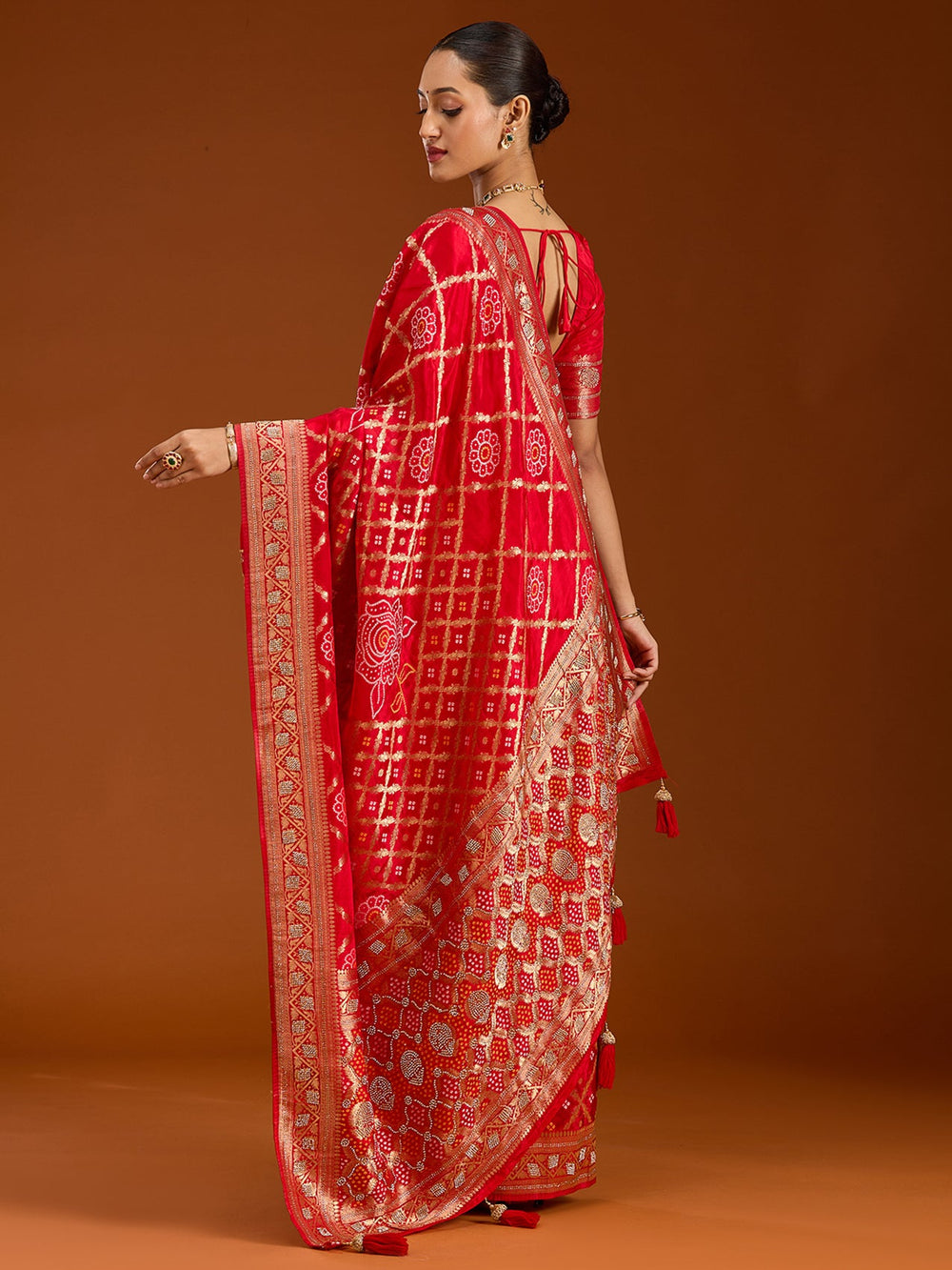 Red Stonework Silk Saree-Koskii