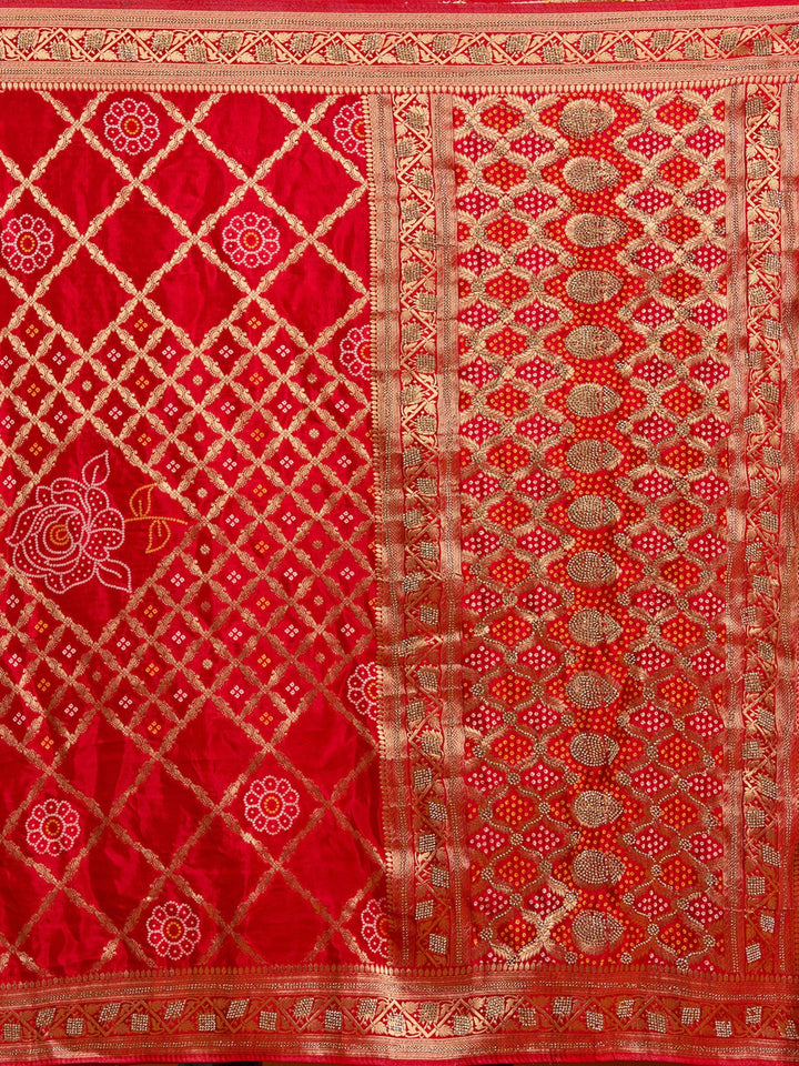 Red Stonework Silk Saree-Koskii