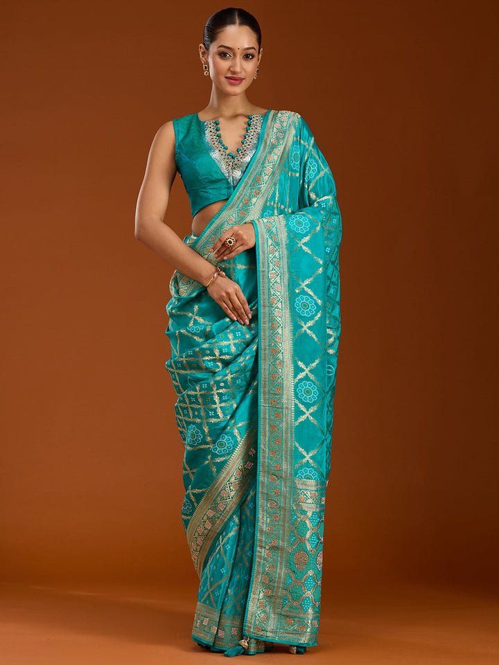 Turquoise Blue Stonework Silk Saree-Koskii
