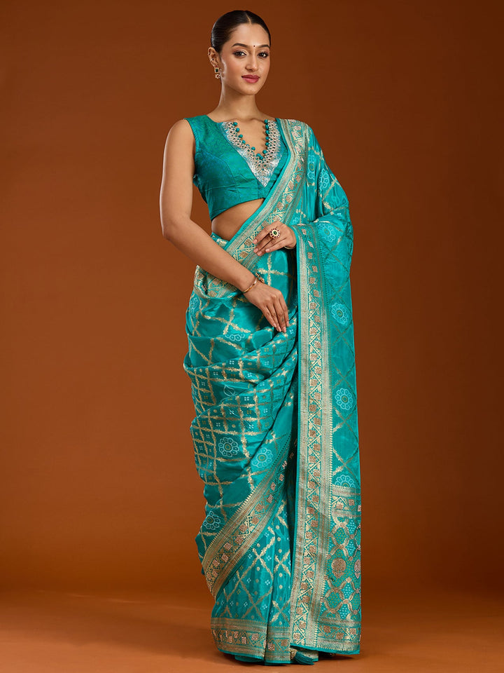Turquoise Blue Stonework Silk Saree-Koskii