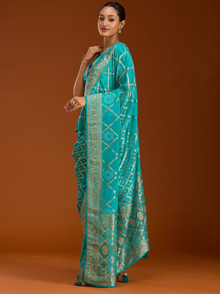 Turquoise Blue Stonework Silk Saree-Koskii