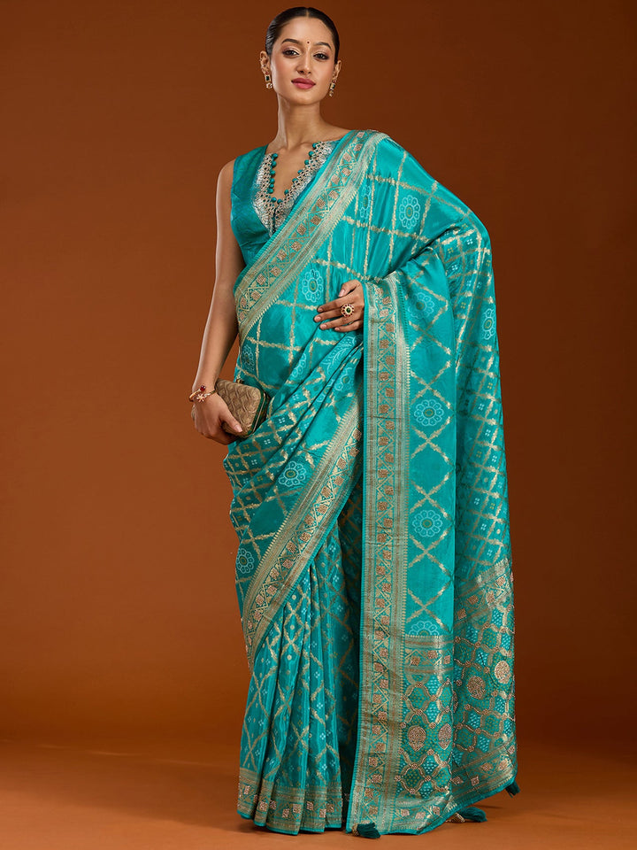 Turquoise Blue Stonework Silk Saree-Koskii