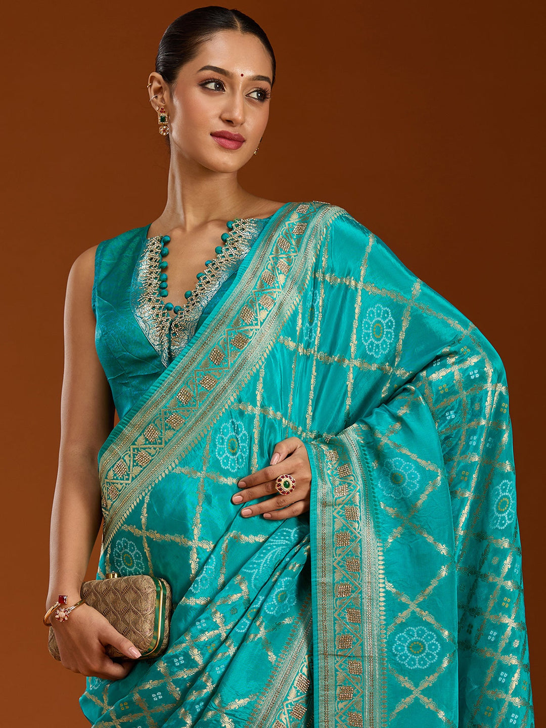 Turquoise Blue Stonework Silk Saree-Koskii