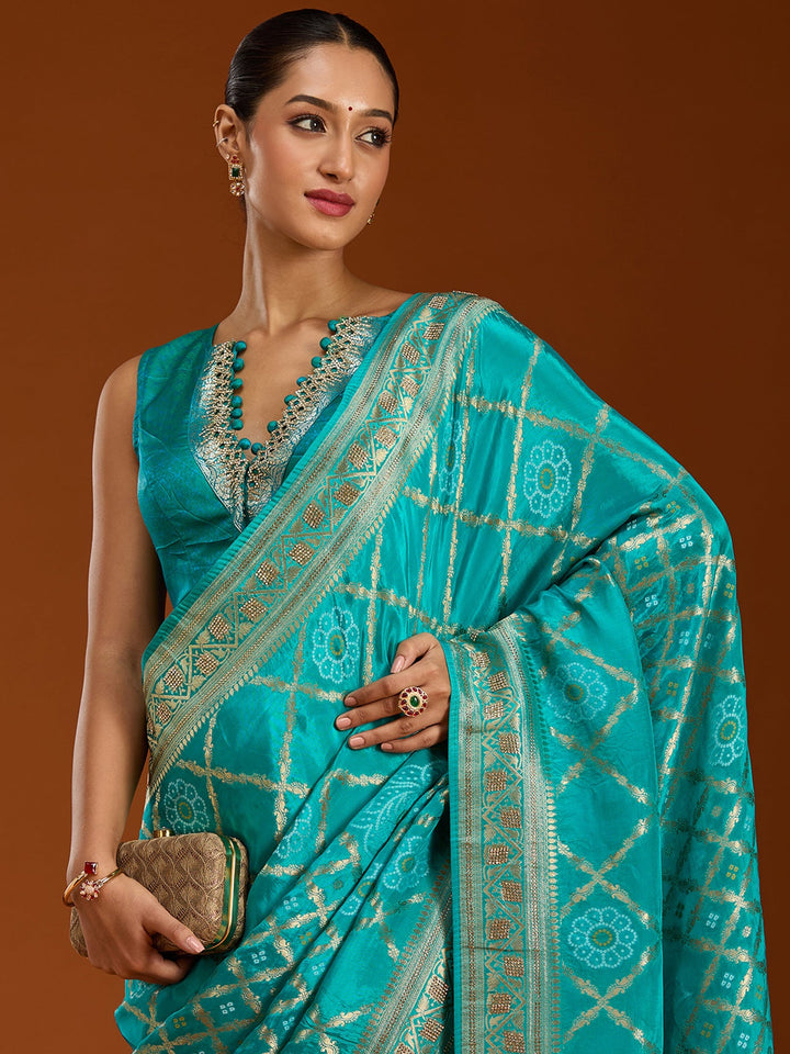 Turquoise Blue Stonework Silk Saree-Koskii