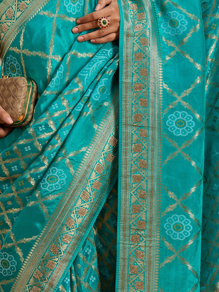 Turquoise Blue Stonework Silk Saree-Koskii