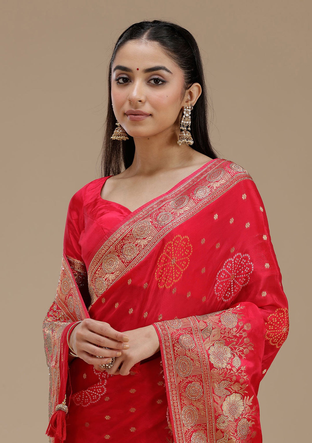 Rani Pink Stonework Silk Saree_koskii