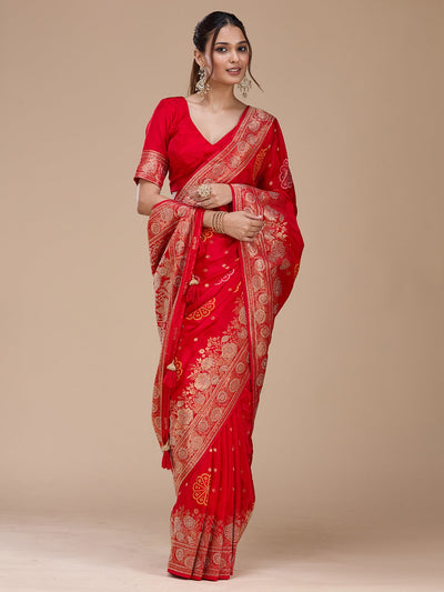 Red Stonework Silk Saree-koskii