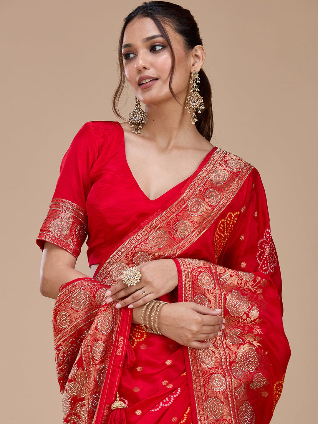 Red Stonework Silk Saree_koskii
