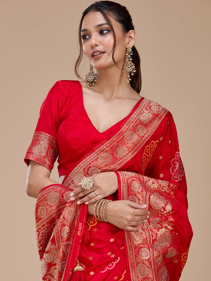 Red Stonework Silk Saree_koskii
