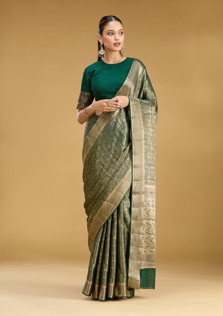 Bottle Green Zariwork (Gold) Georgette Silk Saree
