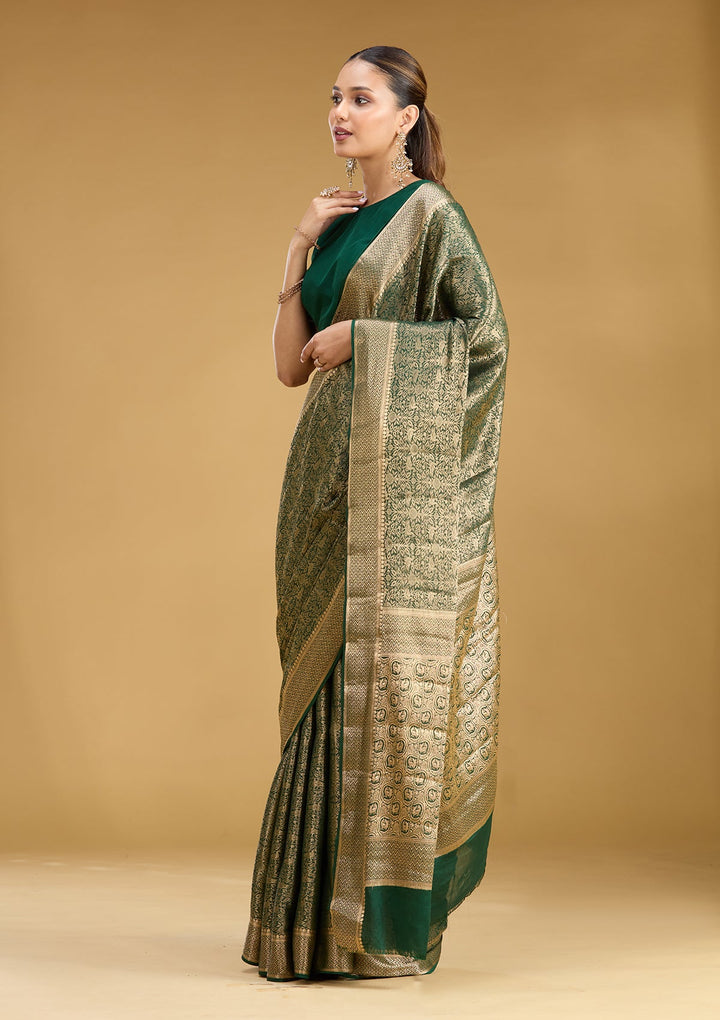 Bottle Green Zariwork (Gold) Georgette Silk Saree