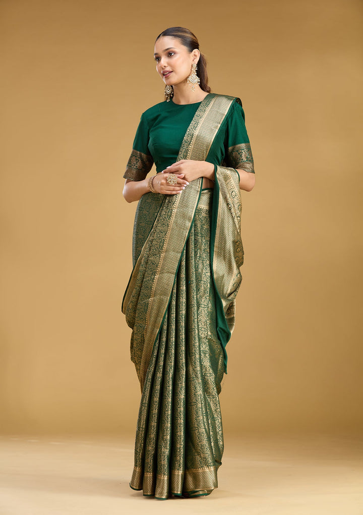 Bottle Green Zariwork (Gold) Georgette Silk Saree