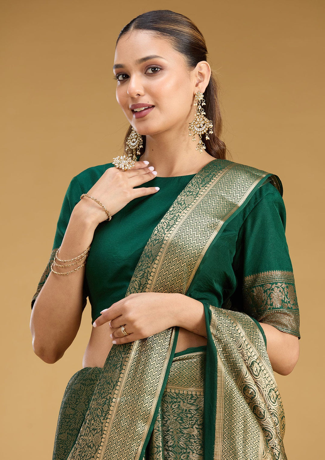 Bottle Green Zariwork (Gold) Georgette Silk Saree