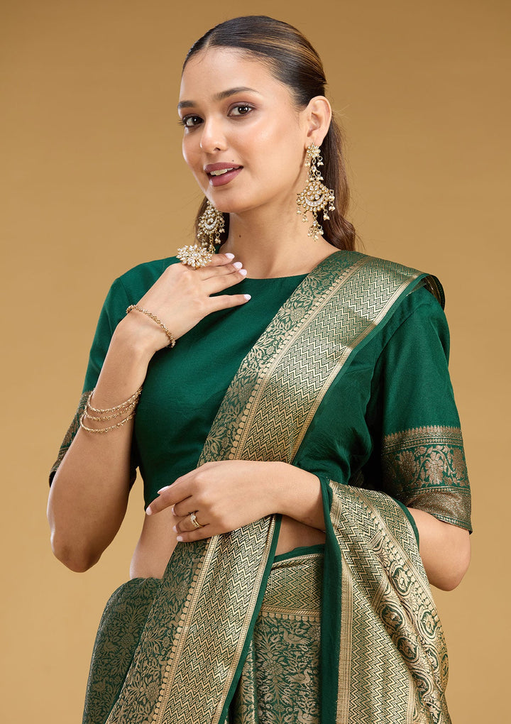 Bottle Green Zariwork (Gold) Georgette Silk Saree