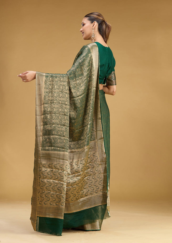 Bottle Green Zariwork (Gold) Georgette Silk Saree