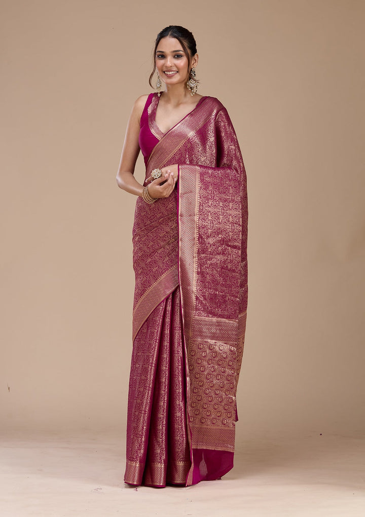 Magenta Pink Zariwork (Gold)  Silk Saree-koskii