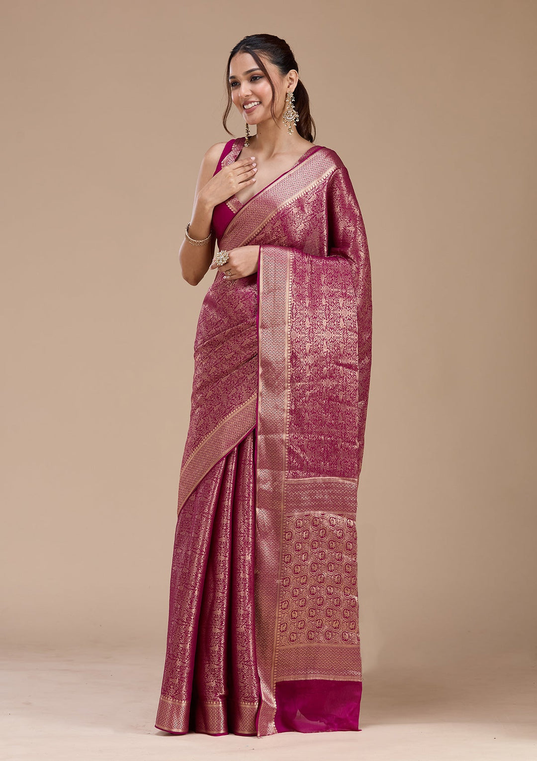 Magenta Pink Zariwork (Gold)  Silk Saree-koskii
