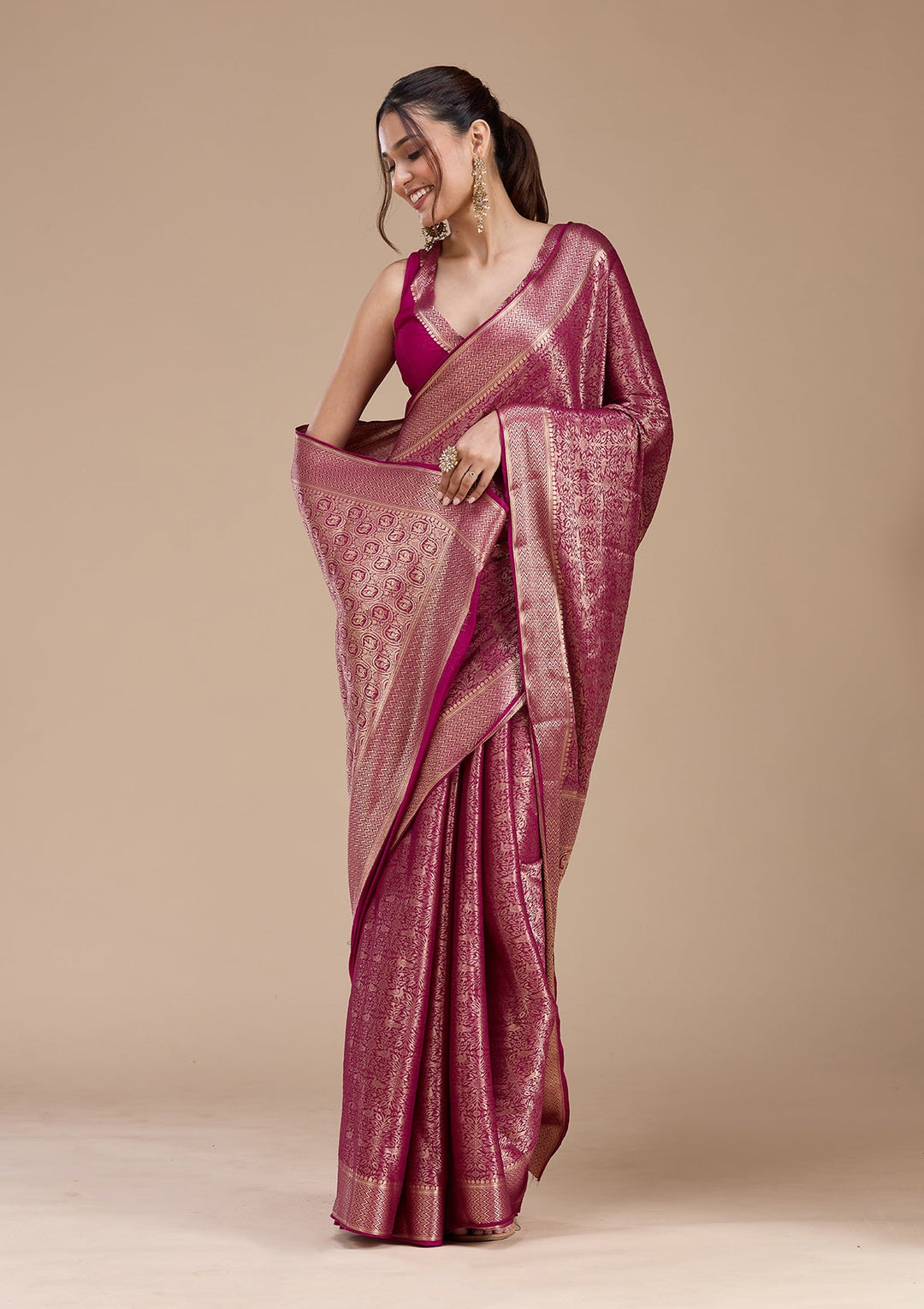 Magenta Pink Zariwork (Gold)  Silk Saree-koskii