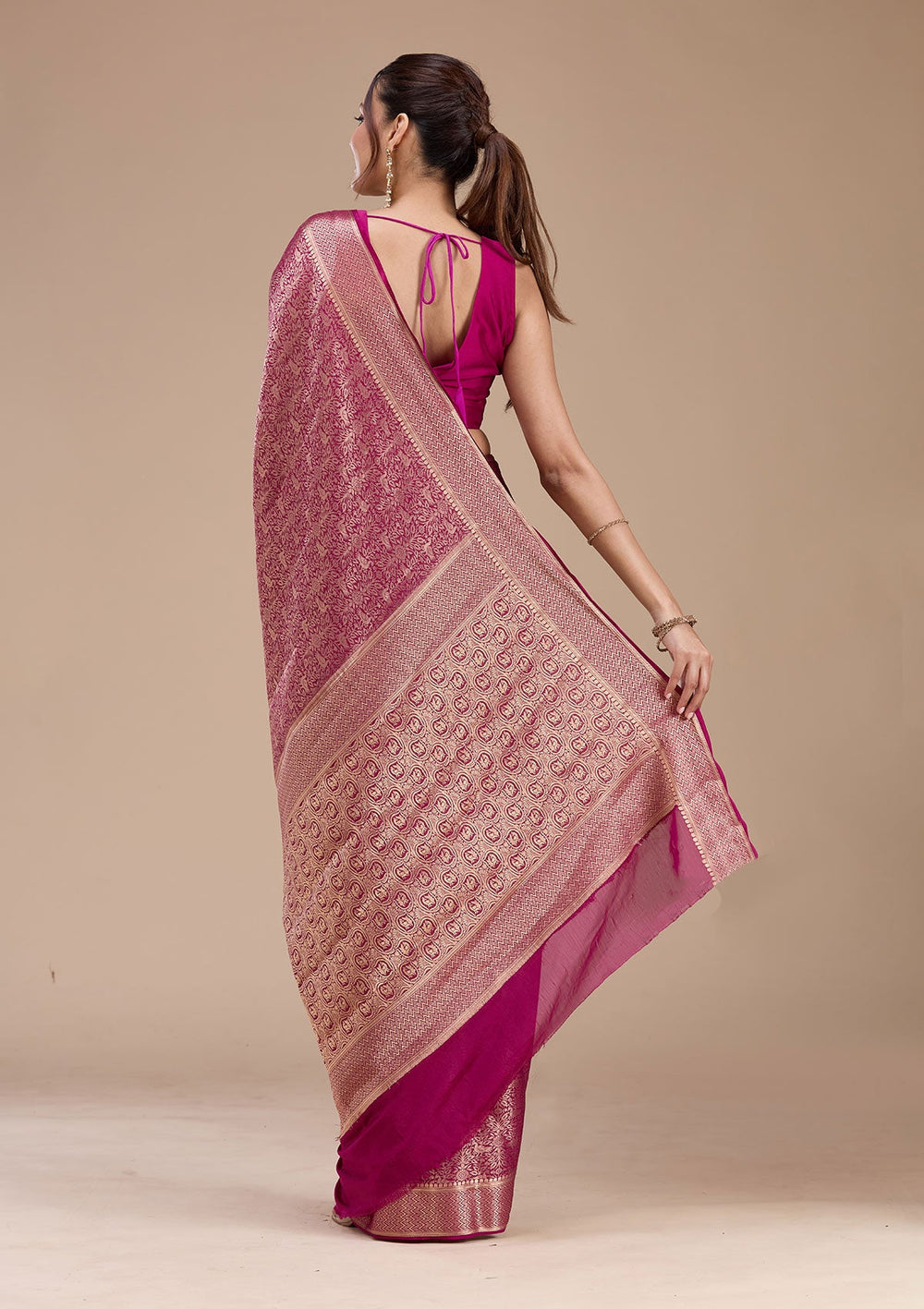 Magenta Pink Zariwork (Gold)  Silk Saree-koskii