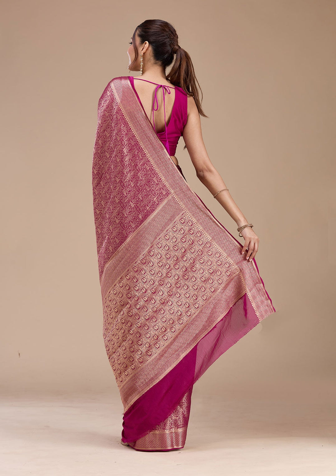 Magenta Pink Zariwork (Gold)  Silk Saree-koskii