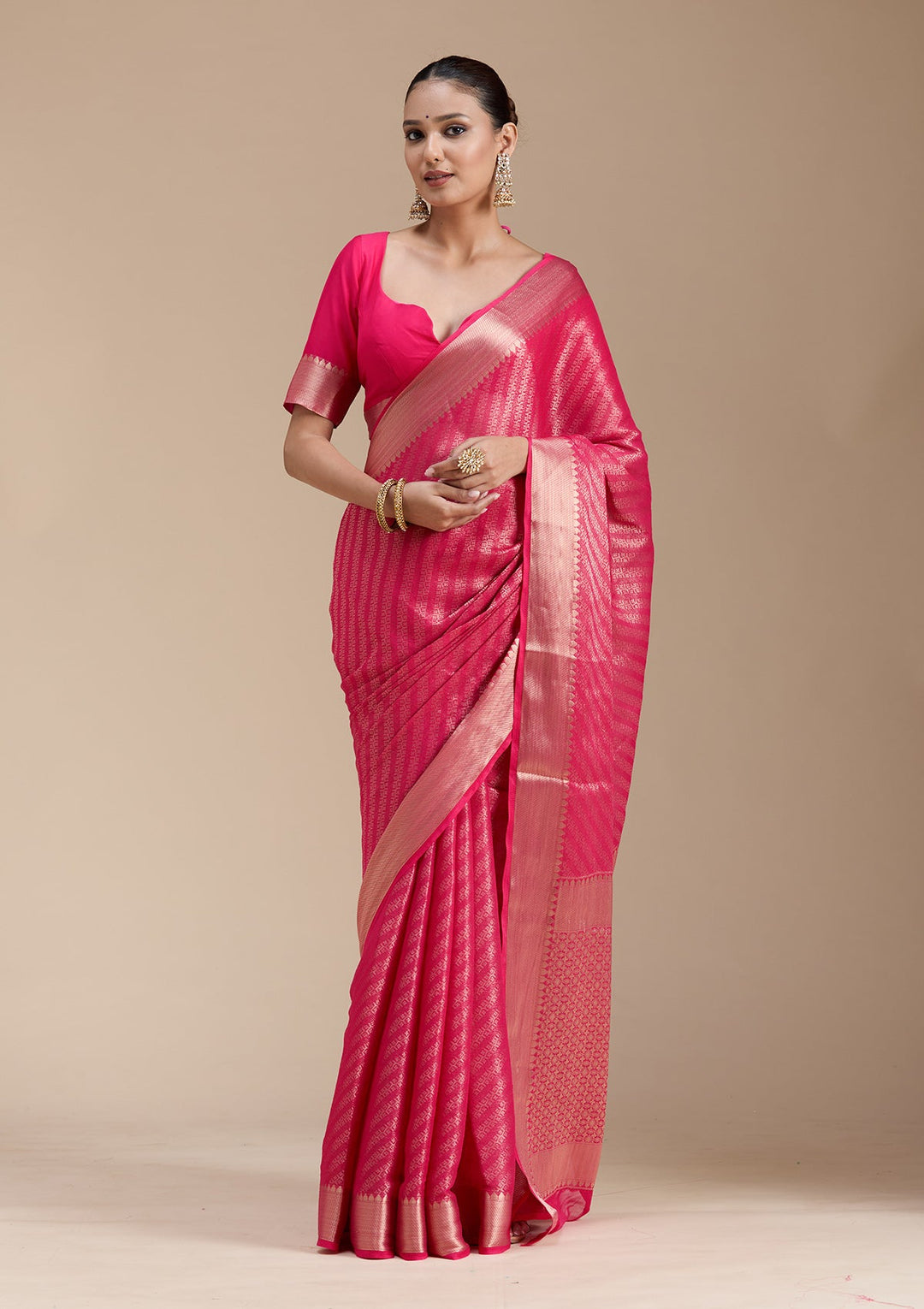 Rani Pink Zariwork (Gold) Georgette Silk_Saree-koskii