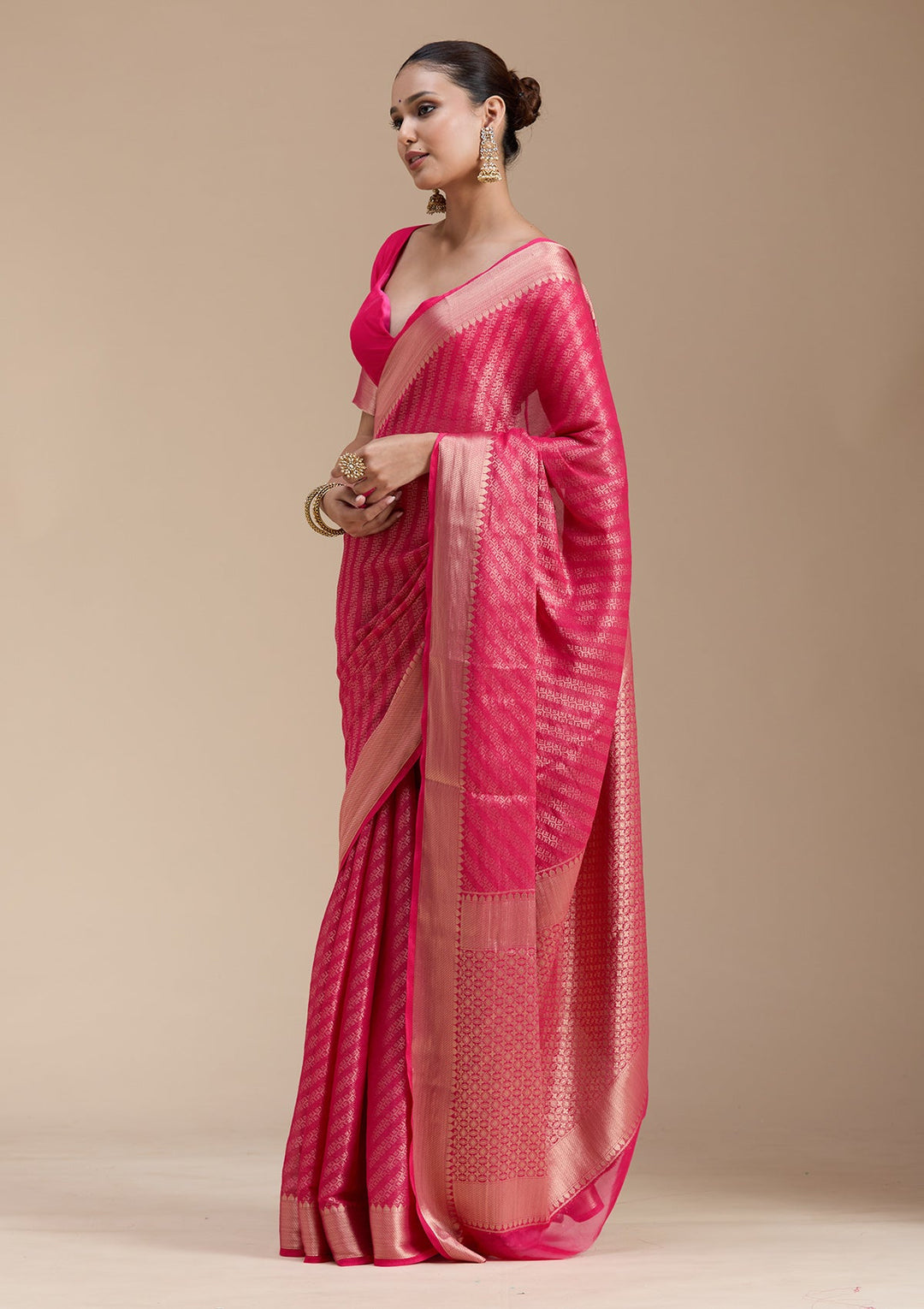 Rani Pink Zariwork (Gold) Georgette Silk_Saree-koskii