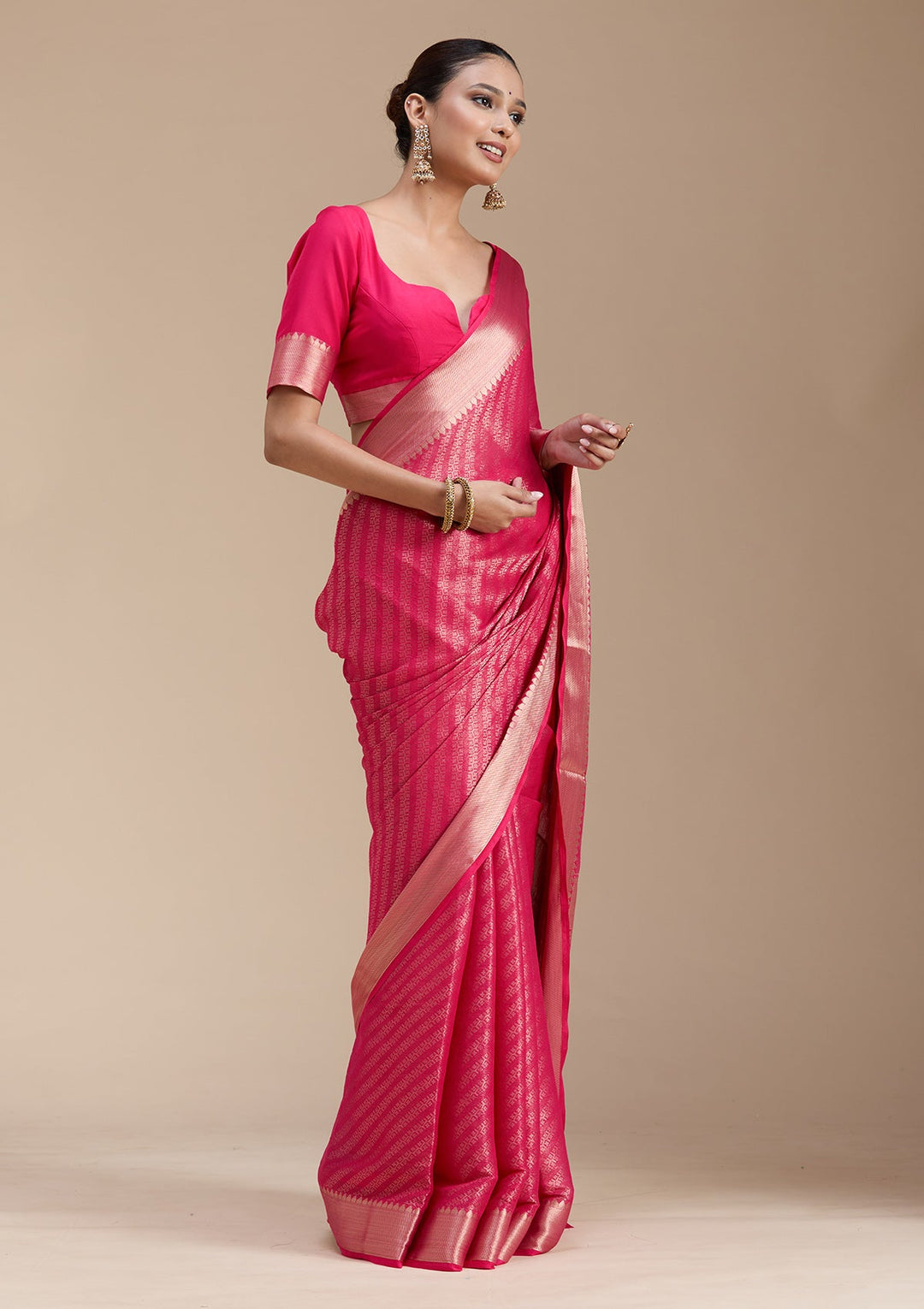 Rani Pink Zariwork (Gold) Georgette Silk_Saree-koskii
