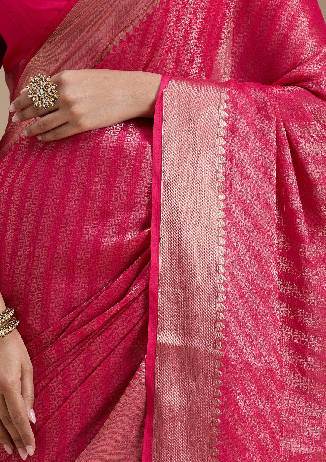 Rani Pink Zariwork (Gold) Georgette Silk_Saree-koskii