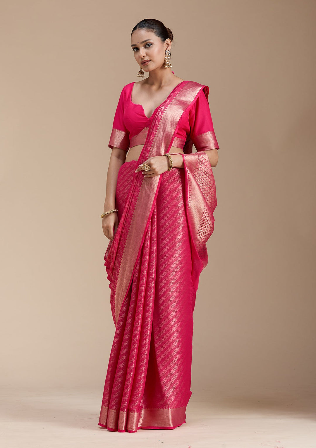 Rani Pink Zariwork (Gold) Georgette Silk_Saree-koskii