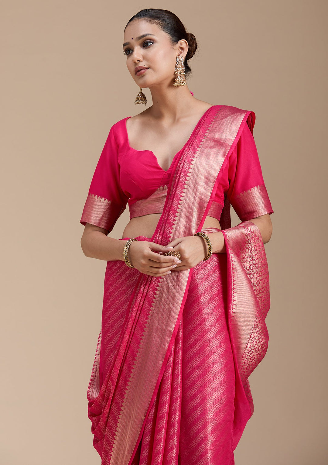 Rani Pink Zariwork (Gold) Georgette Silk_Saree-koskii