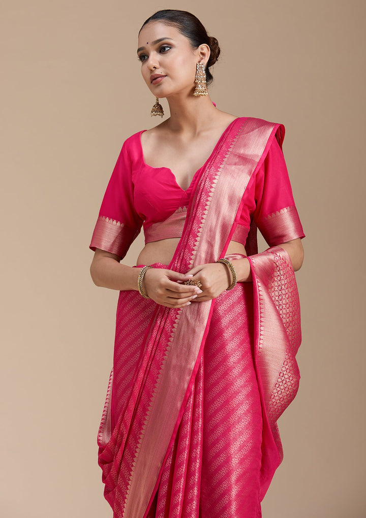 Rani Pink Zariwork (Gold) Georgette Silk_Saree-koskii