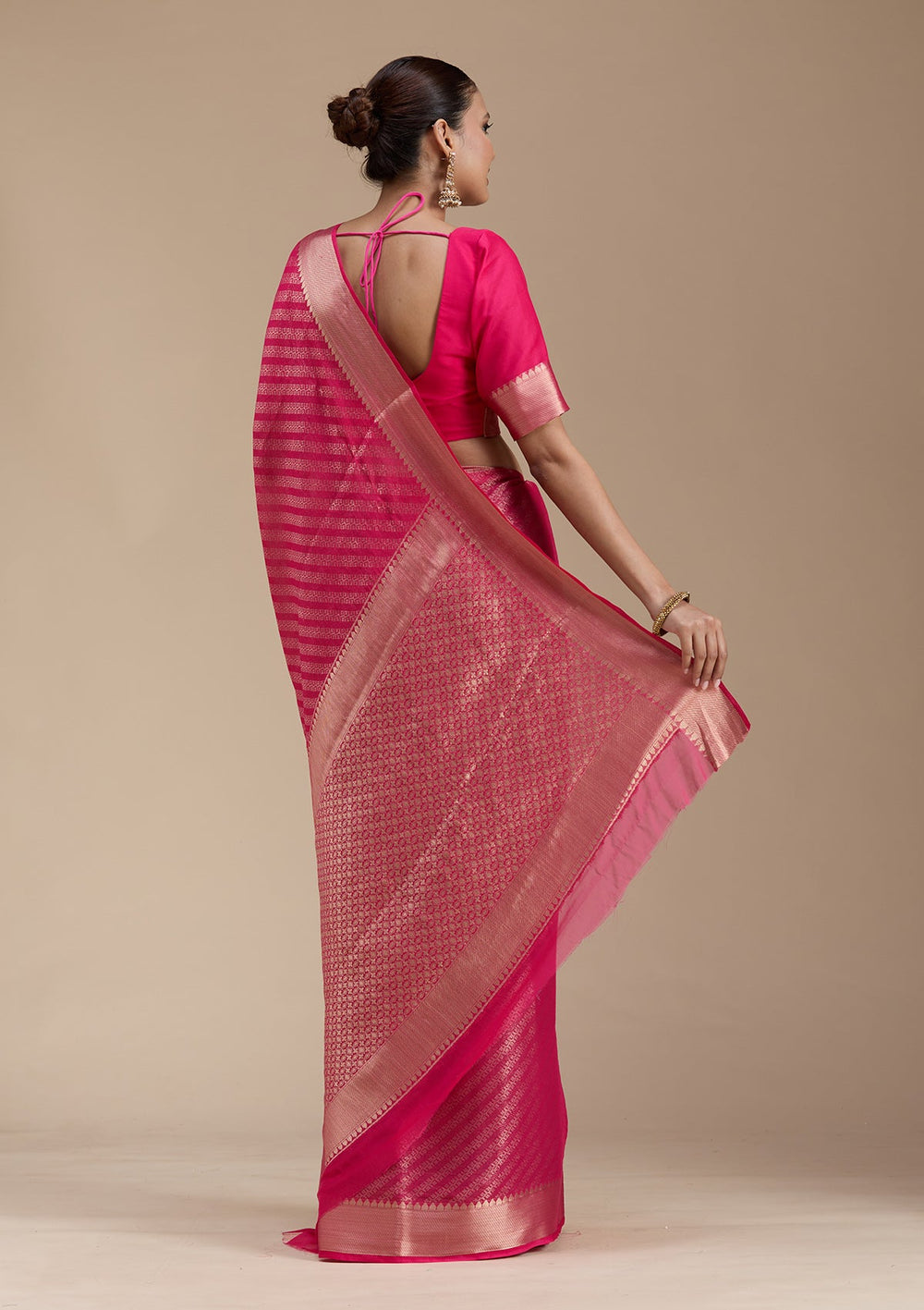 Rani Pink Zariwork (Gold) Georgette Silk_Saree-koskii