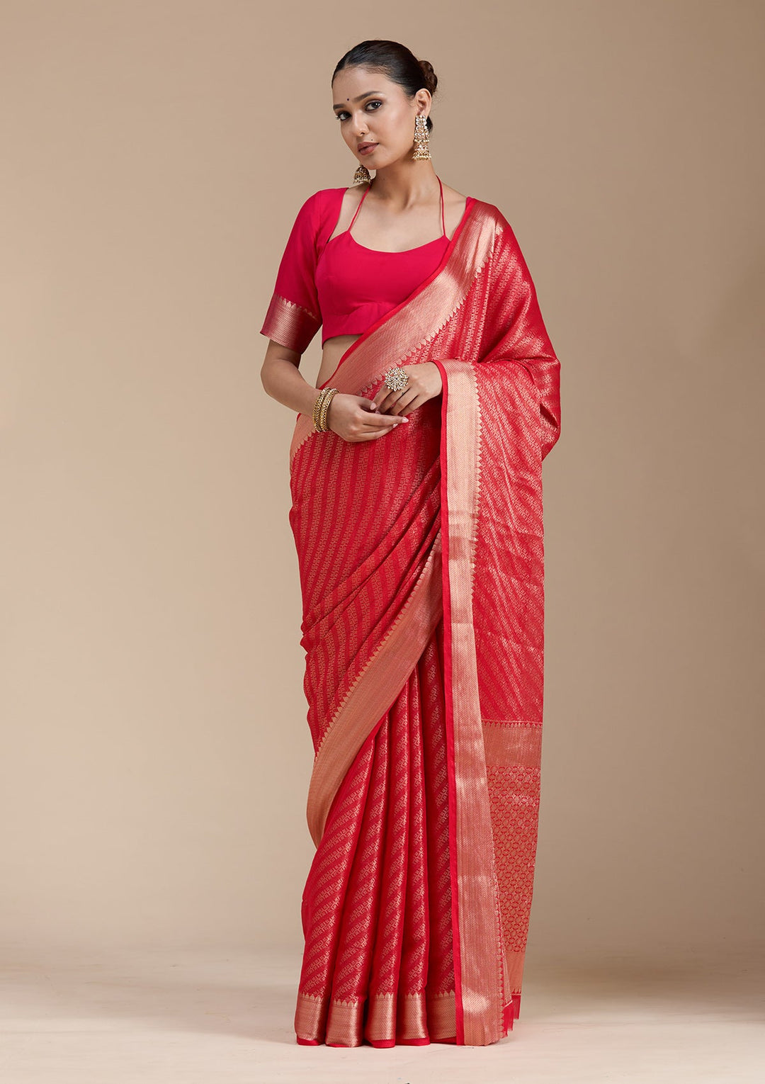 Red Zariwork (Gold) Georgette Silk_Saree-koskii