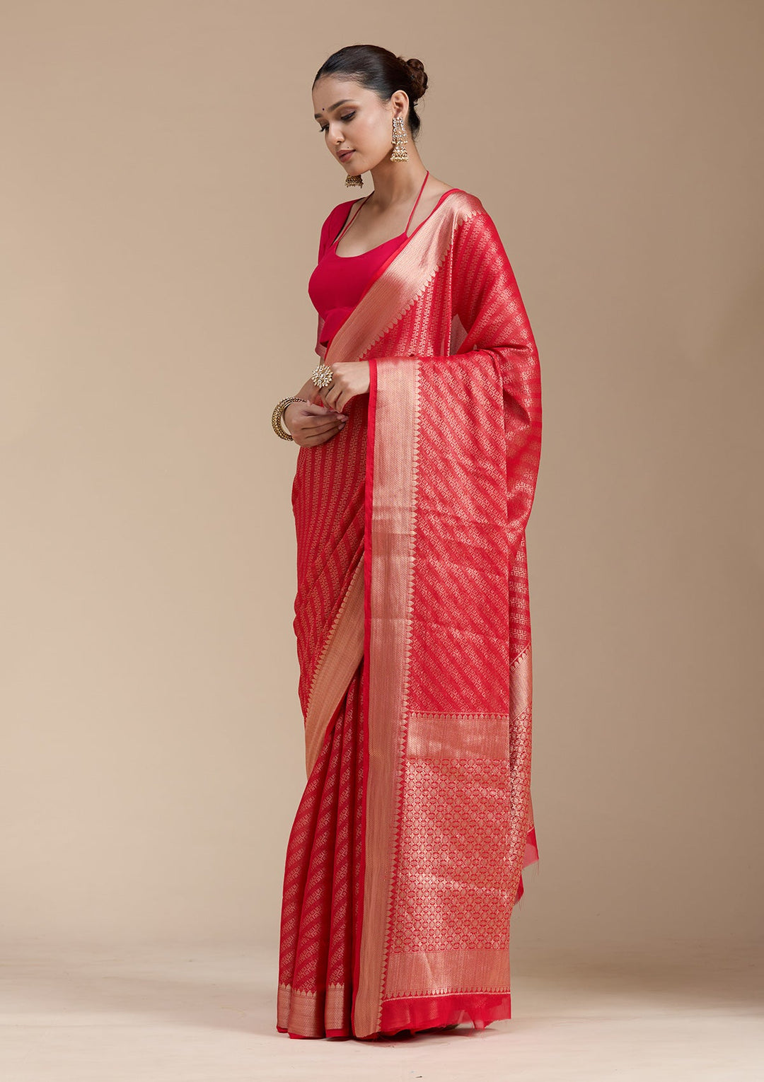 Red Zariwork (Gold) Georgette Silk_Saree-koskii