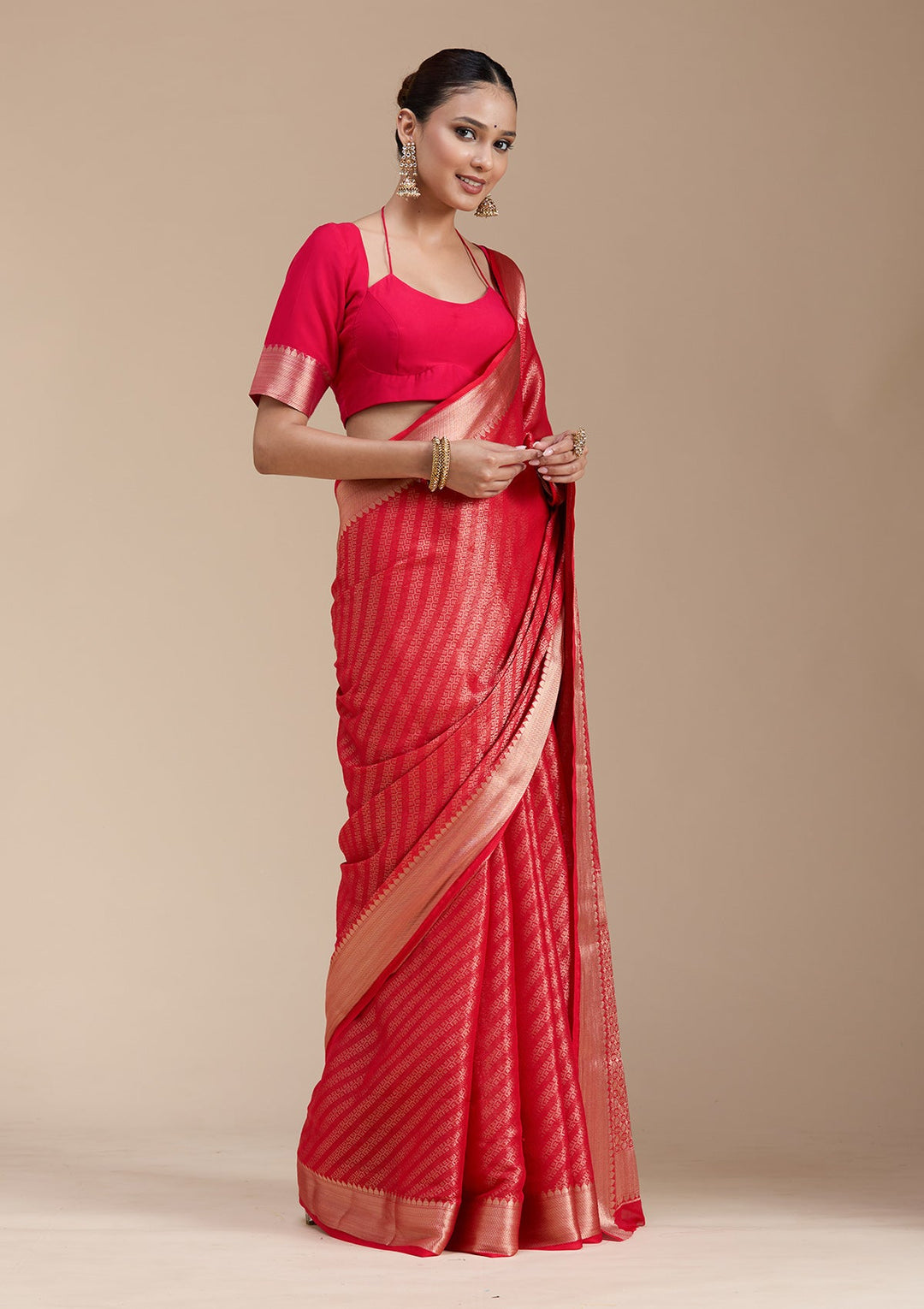 Red Zariwork (Gold) Georgette Silk_Saree-koskii