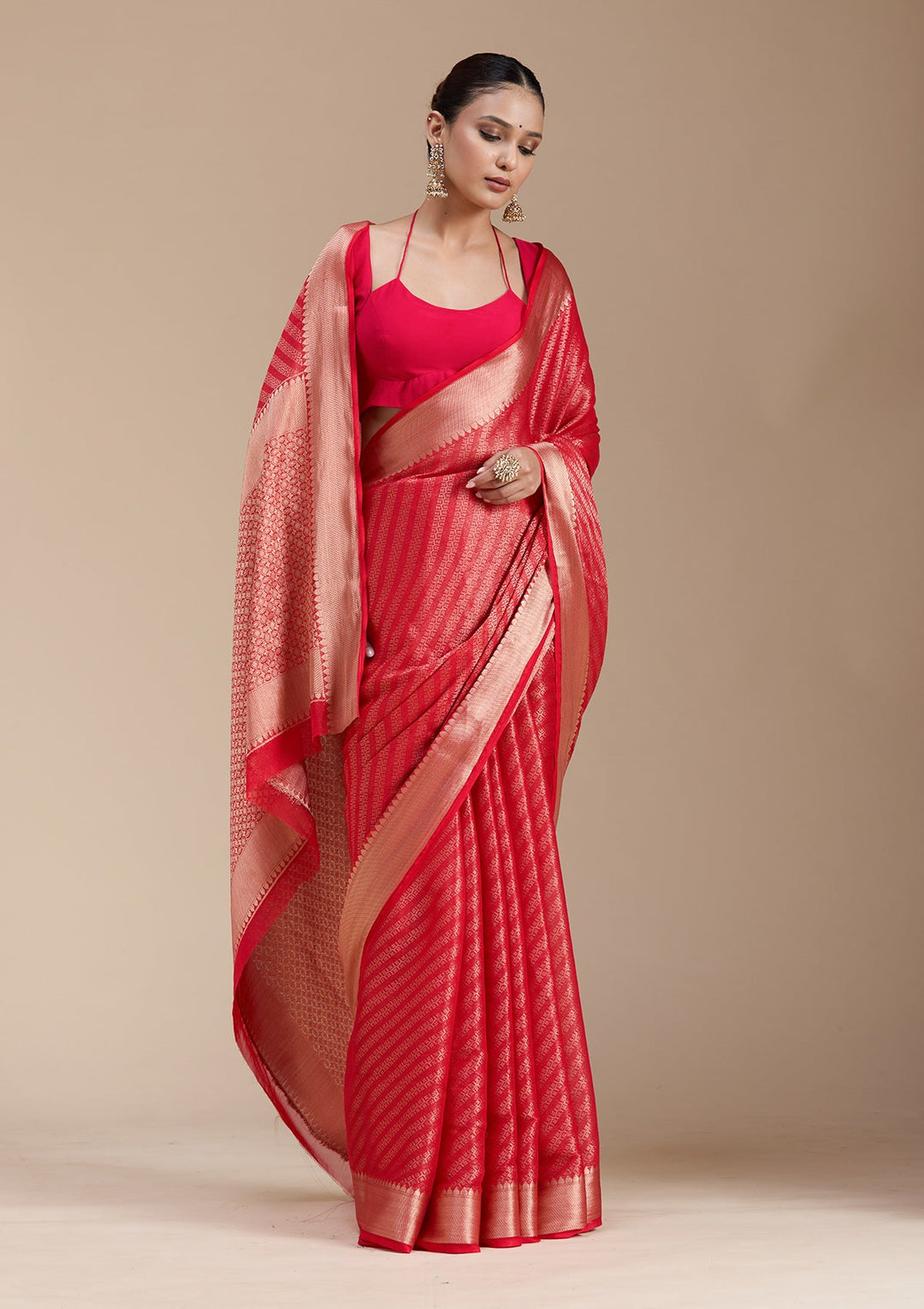 Red Zariwork (Gold) Georgette Silk_Saree-koskii