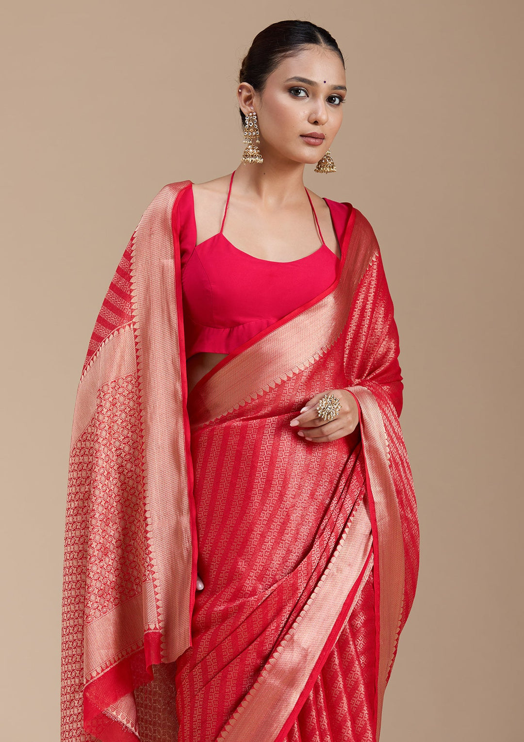 Red Zariwork (Gold) Georgette Silk_Saree-koskii