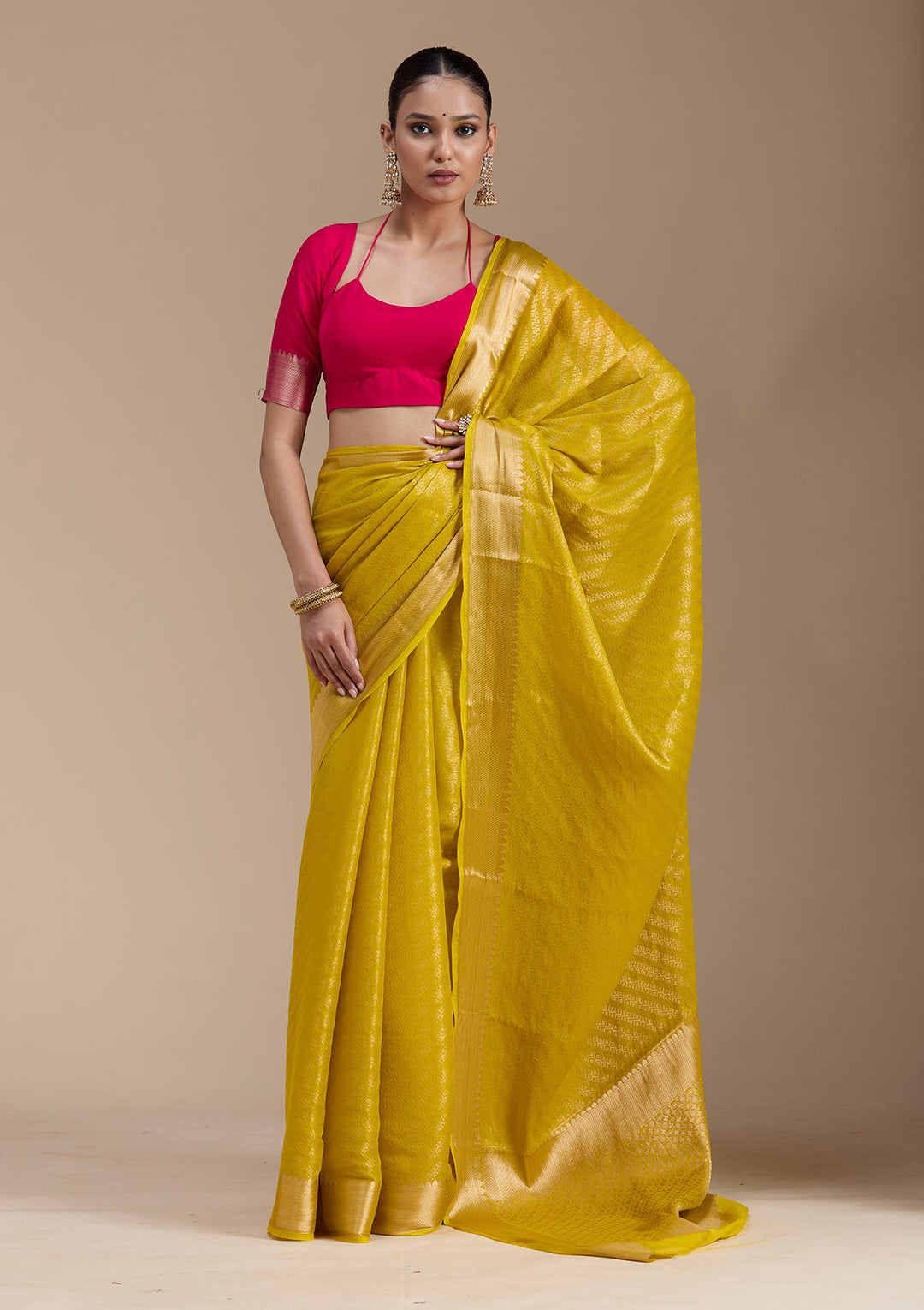 Yellow Zariwork (Gold) Georgette Silk_Saree-koskii