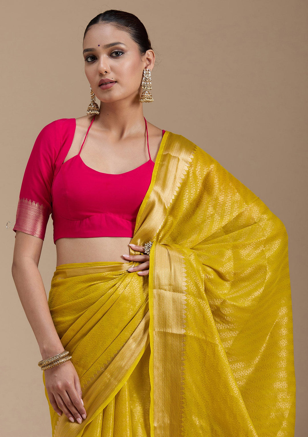 Yellow Zariwork (Gold) Georgette Silk_Saree-koskii