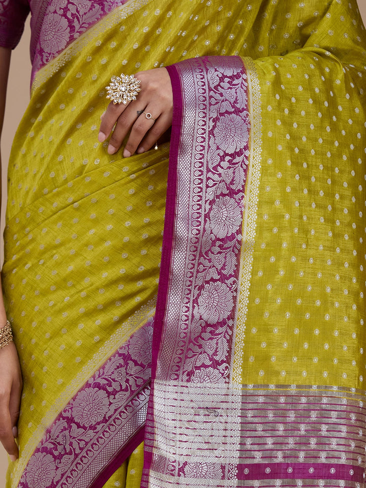 Mehendi Zariwork (Silver) Tussar Silk Saree_koskii